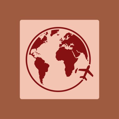Uçak simgesi seyahat. Dünya yuvarlak çelme takmak. Düz tasarım stili.