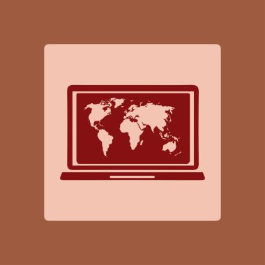 laptop ve Dünya Haritası, vektör çizim basit simgesi