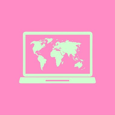 laptop ve Dünya Haritası, vektör çizim basit simgesi