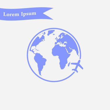 Uçak simgesi seyahat. Dünya yuvarlak çelme takmak. Düz tasarım stili.