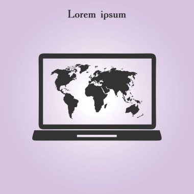laptop ve Dünya Haritası, vektör çizim basit simgesi
