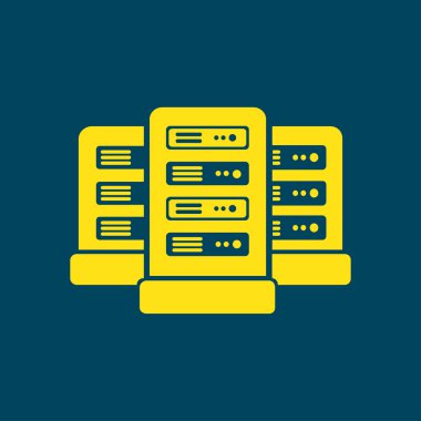 Veri merkezi simgesinde ağ sunucuları. Düz tasarım biçimi.