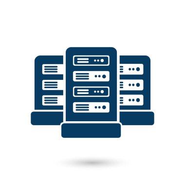 Veri merkezi simgesinde ağ sunucuları. Düz tasarım biçimi.
