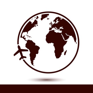 Uçak simgesi seyahat. Dünya yuvarlak çelme takmak. Düz tasarım stili.