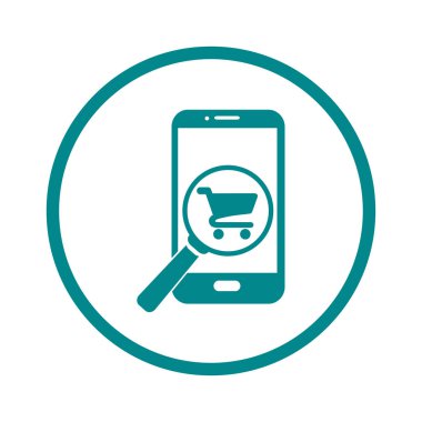Cam shoping akıllı telefon arıyor. Shoping online simgesi.