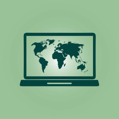 Laptop ve dünya harita illüstrasyon. Dünya harita Coğrafya sembolü. Düz tasarım stili. Vektör Eps 10.