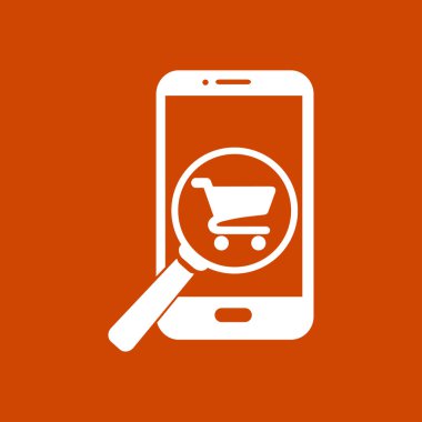 Cam shoping akıllı telefon arıyor. Shoping online simgesi.