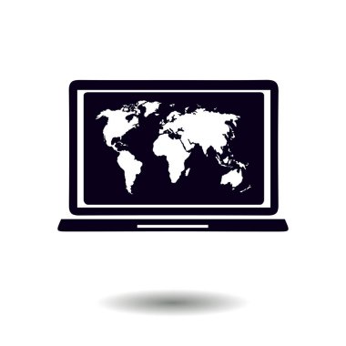 Laptop ve dünya harita illüstrasyon. Dünya harita Coğrafya sembolü. Düz tasarım stili. Vektör Eps 10.