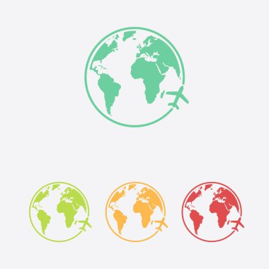 Uçak simgesi seyahat. Dünya yuvarlak çelme takmak. Düz tasarım stili.