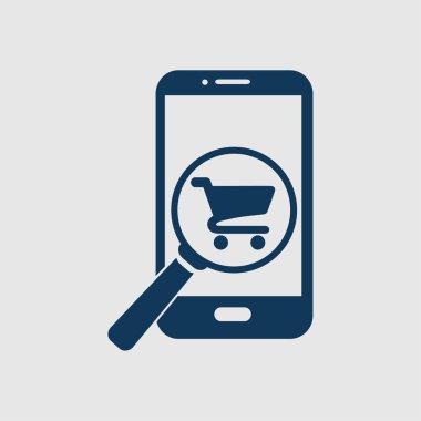 Cam shoping akıllı telefon arıyor. Shoping online simgesi.