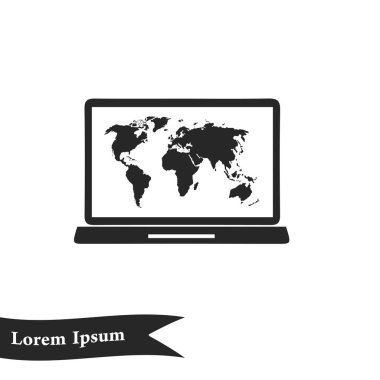Laptop ve dünya harita illüstrasyon. Dünya harita Coğrafya sembolü. Düz tasarım stili. Vektör Eps 10.