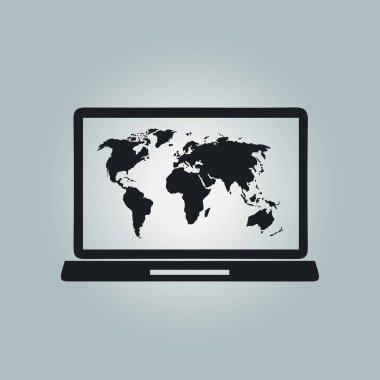 Laptop ve dünya harita illüstrasyon. Dünya harita Coğrafya sembolü. Düz tasarım stili. Vektör Eps 10.