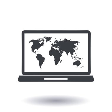 Laptop ve dünya harita illüstrasyon. Dünya harita Coğrafya sembolü. Düz tasarım stili. Vektör Eps 10.