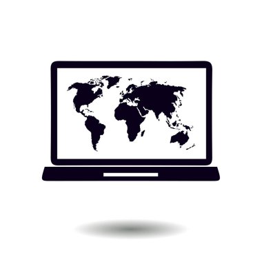 Laptop ve dünya harita illüstrasyon. Dünya harita Coğrafya sembolü. Düz tasarım stili. Vektör Eps 10.