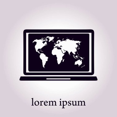 Laptop ve dünya harita illüstrasyon. Dünya harita Coğrafya sembolü. Düz tasarım stili. Vektör Eps 10.