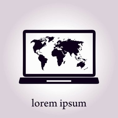 Laptop ve dünya harita illüstrasyon. Dünya harita Coğrafya sembolü. Düz tasarım stili. Vektör Eps 10.