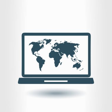 Laptop ve dünya harita illüstrasyon. Dünya harita Coğrafya sembolü. Düz tasarım stili. Vektör Eps 10.