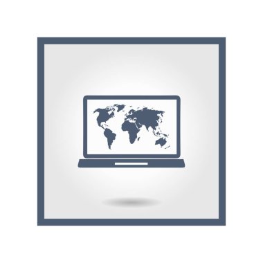 Laptop ve dünya harita illüstrasyon. Dünya harita Coğrafya sembolü. Düz tasarım stili. Vektör Eps 10.
