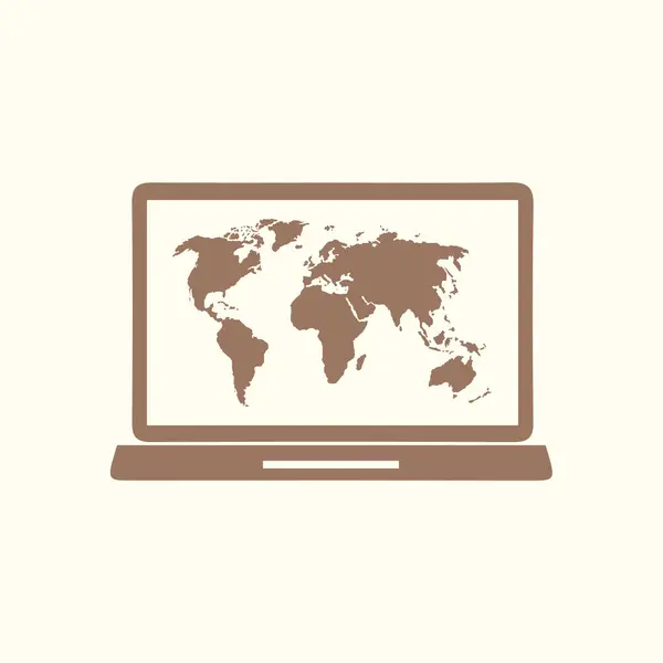 Laptop Świata Mapa Ilustracja Symbol Geografia Mapie Świata Płaska Konstrukcja — Wektor stockowy