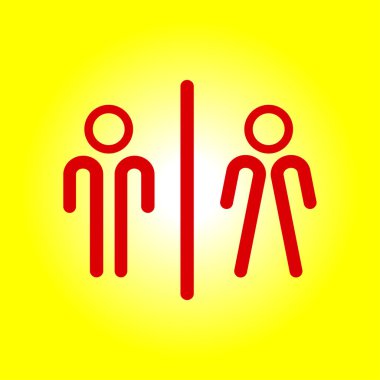 WC işareti simgesi. Tuvalet sembolü. Erkek ve kadın tuvalet. Düz tasarım. Kırmızı ve beyaz renkler.