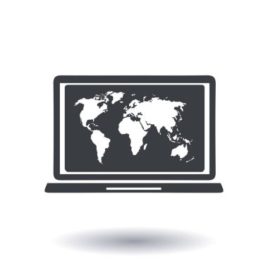 Laptop ve dünya harita illüstrasyon. Dünya harita Coğrafya sembolü. Düz tasarım stili. Vektör Eps 10.