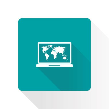 Laptop ve dünya harita illüstrasyon. Dünya harita Coğrafya sembolü. Düz tasarım stili. Vektör Eps 10.