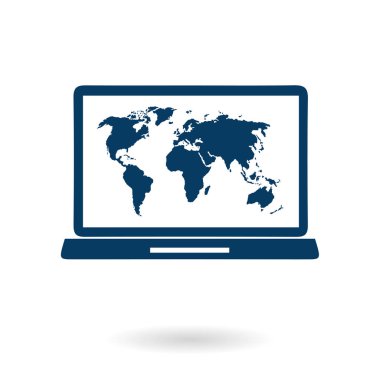 Laptop ve dünya harita illüstrasyon. Dünya harita Coğrafya sembolü. Düz tasarım stili. Vektör Eps 10.