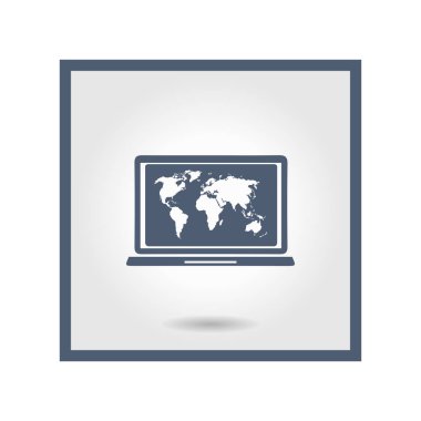 Laptop ve dünya harita illüstrasyon. Dünya harita Coğrafya sembolü. Düz tasarım stili. Vektör Eps 10.