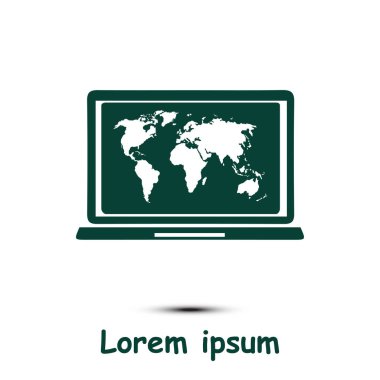 Laptop ve dünya harita illüstrasyon. Dünya harita Coğrafya sembolü. Düz tasarım stili. Vektör Eps 10.