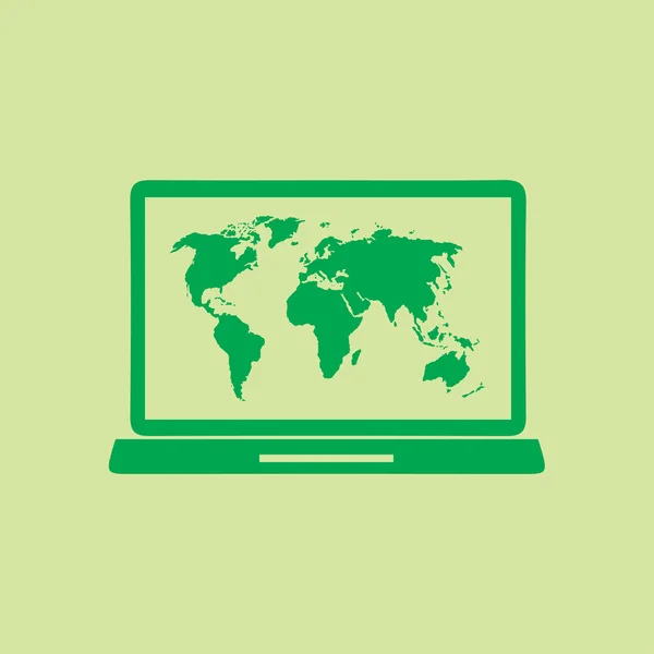 Laptop Wereld Kaart Illustratie Wereld Kaart Geografie Symbool Platte Ontwerpstijl — Stockvector