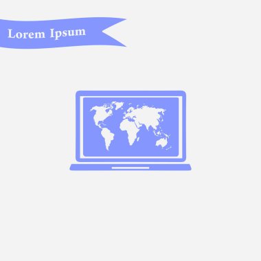 Laptop ve dünya harita illüstrasyon. Dünya harita Coğrafya sembolü. Düz tasarım stili. Vektör Eps 10.