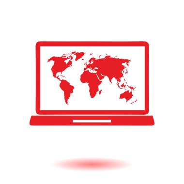 Laptop ve dünya harita illüstrasyon. Dünya harita Coğrafya sembolü. Düz tasarım stili. Vektör Eps 10.