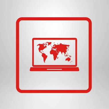 Laptop ve dünya harita illüstrasyon. Dünya harita Coğrafya sembolü. Düz tasarım stili. Vektör Eps 10.