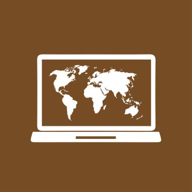 Laptop ve dünya harita illüstrasyon. Dünya harita Coğrafya sembolü. Düz tasarım stili. Vektör Eps 10.