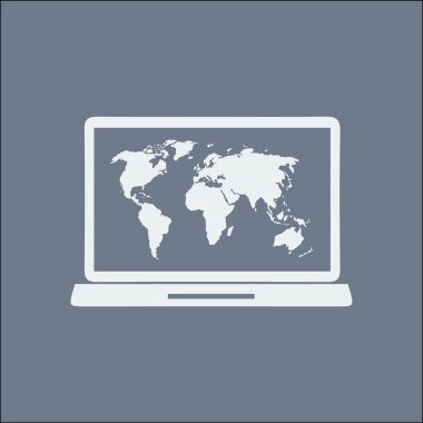 Laptop ve dünya harita illüstrasyon. Dünya harita Coğrafya sembolü. Düz tasarım stili. Vektör Eps 10.
