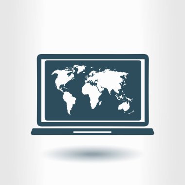 Laptop ve dünya harita illüstrasyon. Dünya harita Coğrafya sembolü. Düz tasarım stili. Vektör Eps 10.