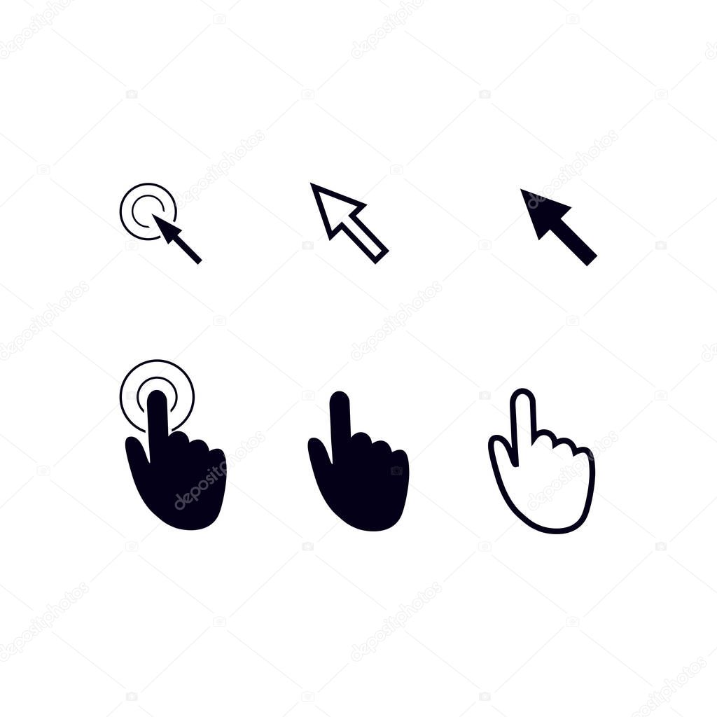 Cursor pointer icons. Mouse, hand, arrow. Click press and touch actions. Flat style. EPS 10 vector illustration 