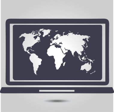 Laptop ve dünya harita illüstrasyon. Dünya harita Coğrafya sembolü. Düz tasarım stili. Vektör Eps 10.