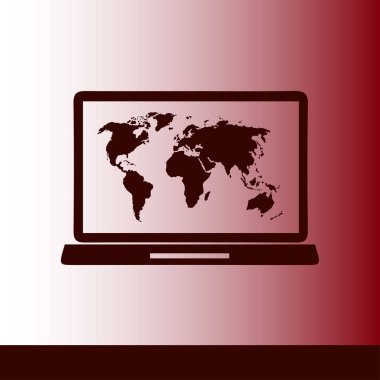 Laptop ve dünya harita illüstrasyon. Dünya harita Coğrafya sembolü. Düz tasarım stili. Vektör Eps 10.