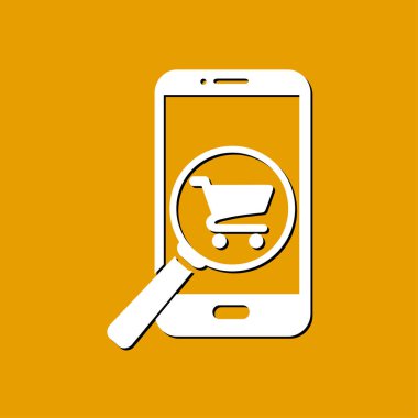 Cam shoping akıllı telefon arıyor. Shoping online simgesi.