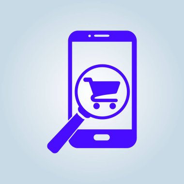 Cam shoping akıllı telefon arıyor. Shoping online simgesi.