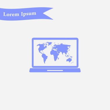 Laptop ve dünya harita illüstrasyon. Dünya harita Coğrafya sembolü. Düz tasarım stili. Vektör Eps 10.