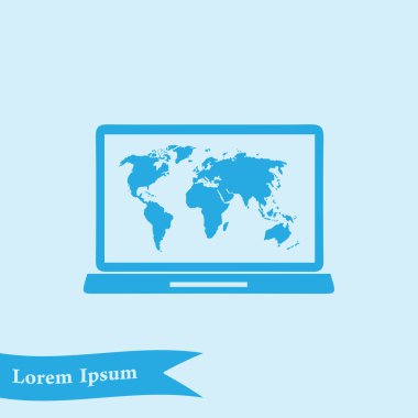 Laptop ve dünya harita illüstrasyon. Dünya harita Coğrafya sembolü. Düz tasarım stili. Vektör Eps 10.