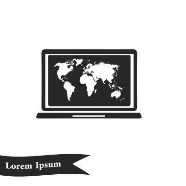 Laptop ve dünya harita illüstrasyon. Dünya harita Coğrafya sembolü. Düz tasarım stili. Vektör Eps 10.