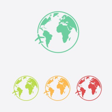 Uçak simgesi seyahat. Dünya yuvarlak çelme takmak. Düz tasarım stili.