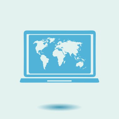 Laptop ve dünya harita illüstrasyon. Dünya harita Coğrafya sembolü. Düz tasarım stili. Vektör Eps 10.