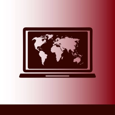 Laptop ve dünya harita illüstrasyon. Dünya harita Coğrafya sembolü. Düz tasarım stili. Vektör Eps 10.