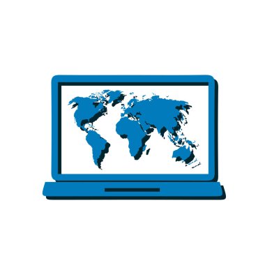 Laptop ve dünya harita illüstrasyon. Dünya harita Coğrafya sembolü. Düz tasarım stili. Vektör Eps 10.