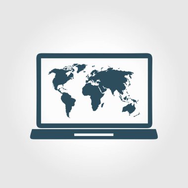 Laptop ve dünya harita illüstrasyon. Dünya harita Coğrafya sembolü. Düz tasarım stili. Vektör Eps 10.