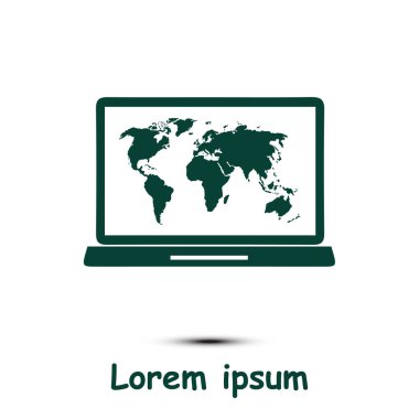 Laptop ve dünya harita illüstrasyon. Dünya harita Coğrafya sembolü. Düz tasarım stili. Vektör Eps 10.